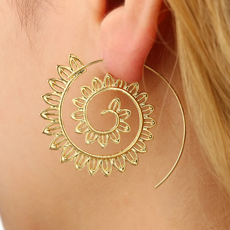 

1Pair Vintage Gold Plated Tribal Boho Style Circles Round Ear Stud Dangle Hoop Earrings Brass Spiral