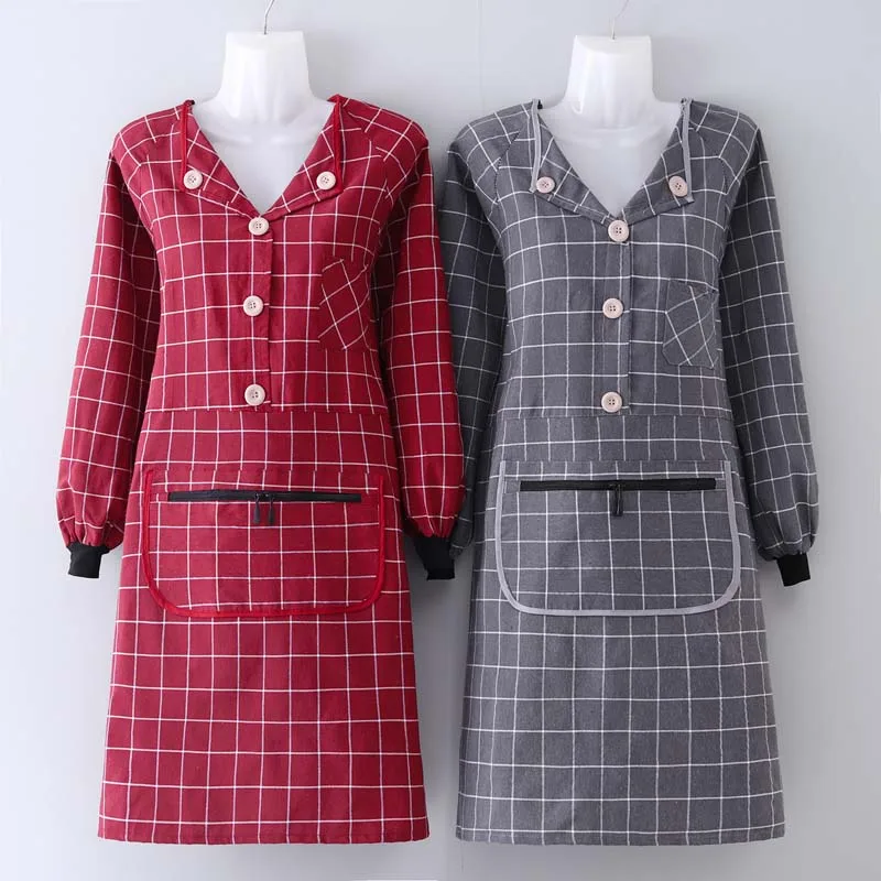 

Long-sleeved lapel plaid apron zipper pocket coverall female cotton breathable home kitchen adult work overalls male