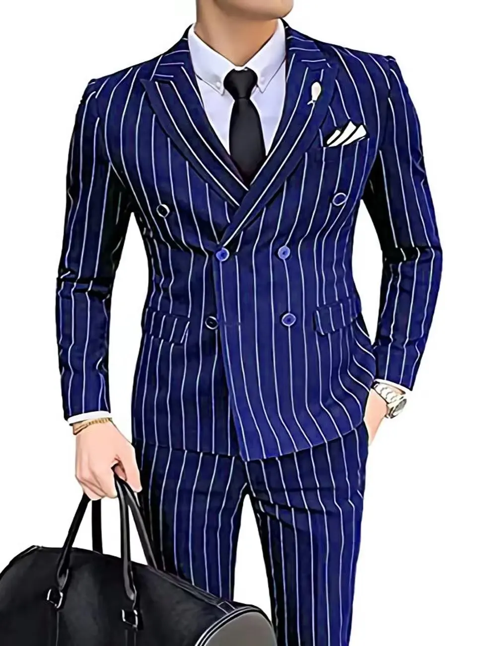 

2Pcs Vertical Stripe Men Suits Navy Grey Slim Fit Business Edition Double Breasted Suit Wedding Banquet (Jacket+Pants)