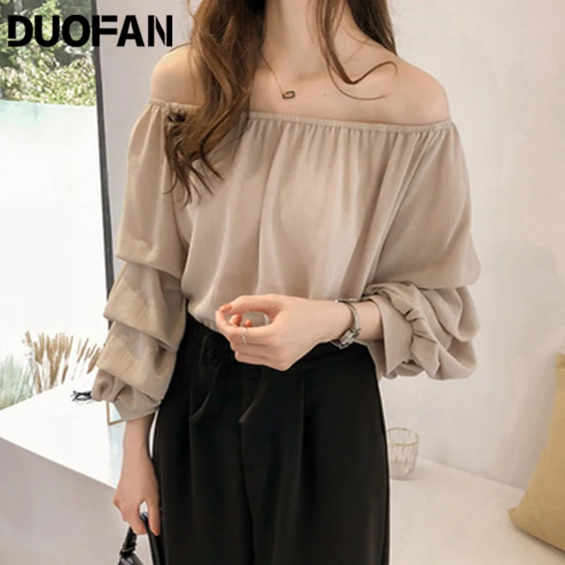 

Женская шифоновая блузка с открытыми плечами и рукавами-фонариками