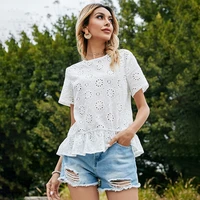 o neck summer lace t shirt hook flower hollow out ruffle casual white tops women short sleeve tees cottagecore aesthetic clothes