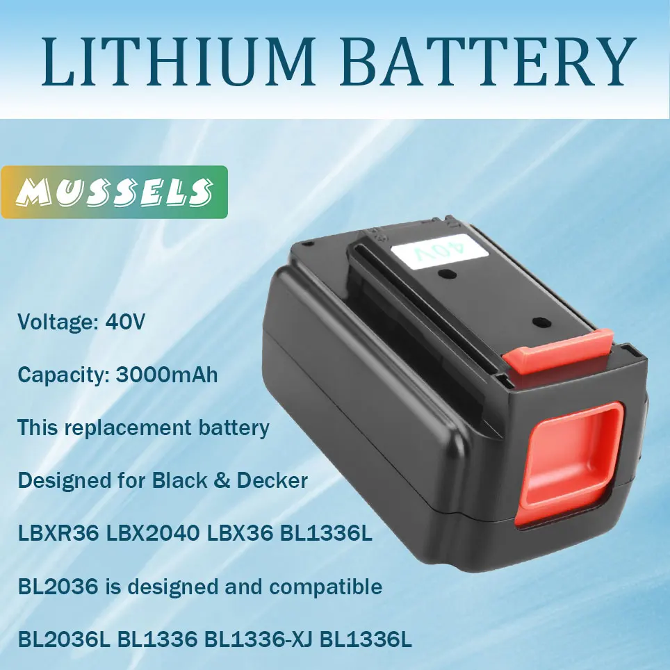

3000mAh Black and Decker LBX2540 LBX2040 LBX1540 LBXR36 LBX36 LBXR2036 40V Max Lithium Battery Replacement