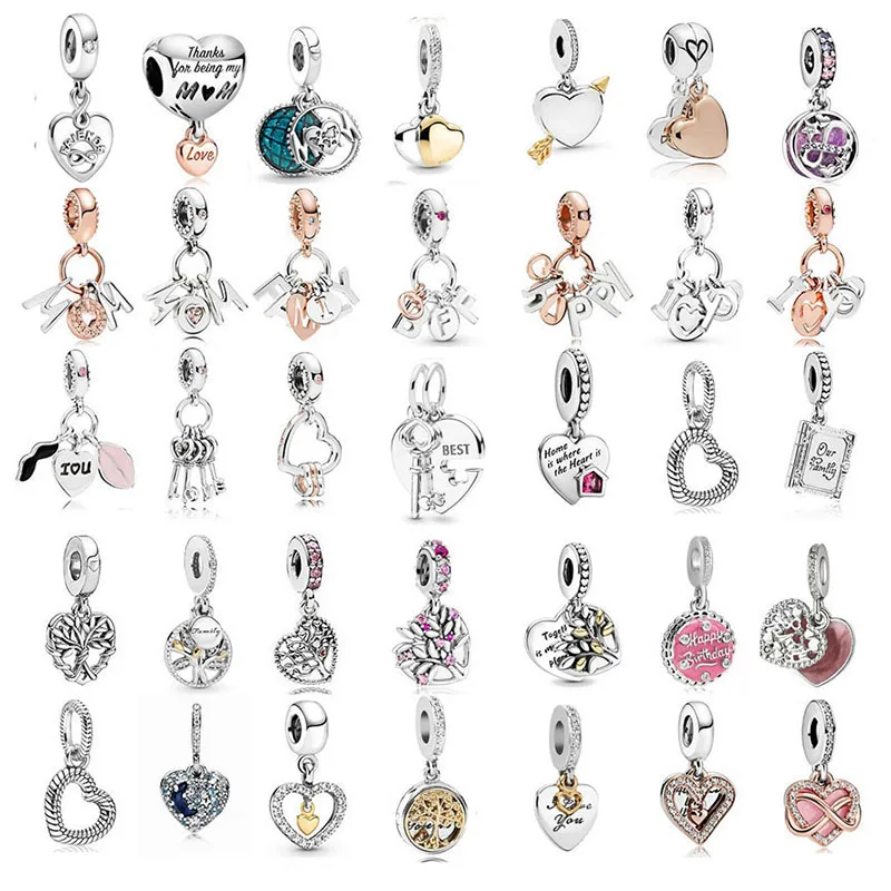 

2022 New Silver Color Vintage Heart MOM Family Dangle Beads Fits Charm Bracelet&Bangle DIY Women Jewelry Making