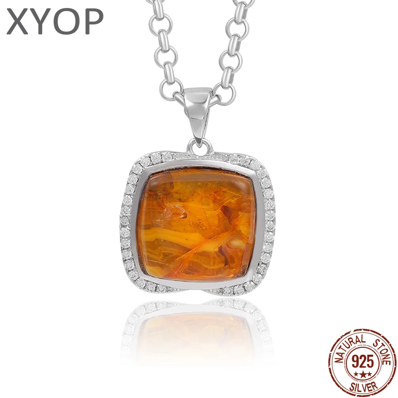 

XYOP Natural Red Yellow Resin Amber 925 Sterling Silver Pendant Necklace One of a Kind, Just One！