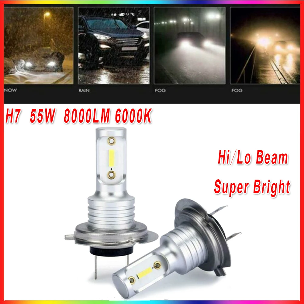 

2pcs LED CSP Mini H7 Headlight Lamp Bulbs Hi/Lo Beam Conversion Kit 55W 8000LM 12V 1860 6000K White Super Bright COB Car Lights