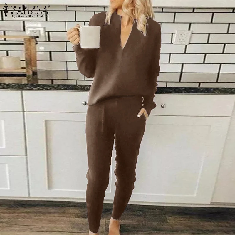 

Праздничный Свободный Повседневный комплект ZANZEA из 2 предметов, однотонные топы с V-образным вырезом и длинным рукавом, богемный стиль, женс...