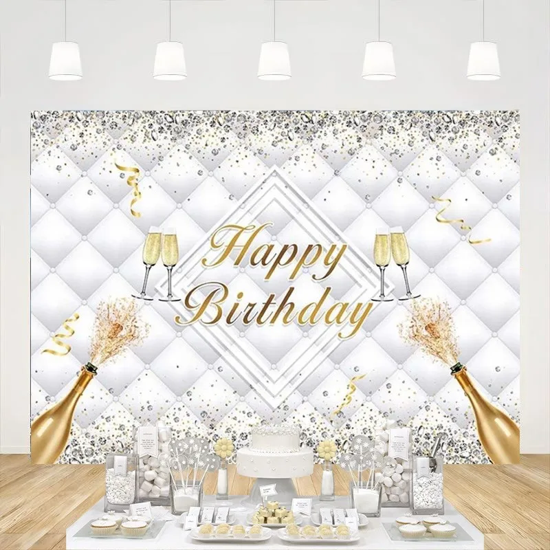 

Diamond Champagne Birthday Backdrop Photography Background White Adult Happy Birthday Party Decoration Banner Photo Booth Props
