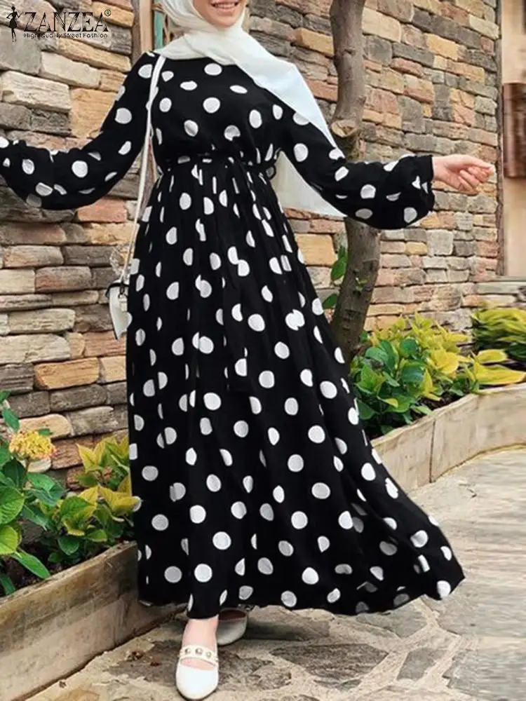 ZANZEA 2022 женские летние мусульманские платья с принтом стильное платье в горошек с пышными рукавами макси Vestido женское повседневное турецкое ...