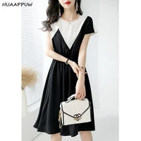 fashion contrast color short sleeve chiffon dress for women 2022 summer new commuter casual waist slim office lady dresses
