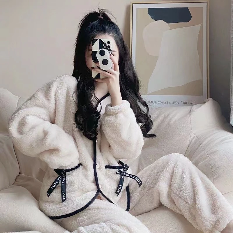 Пижама из кораллового бархата в французском стиле женский осенне-зимний