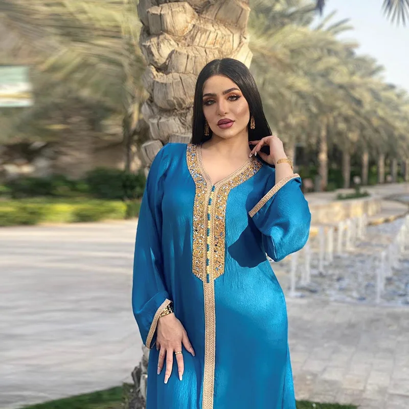 2023 Women's Dress Hot Gold Beaded Webbing Lace Abaya Dubai Muslim Fashion Ladies Gown  عبايات نسائيه  Abaya Dress