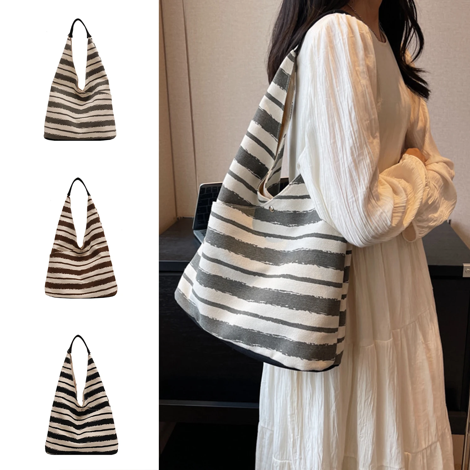 

Zebra-stripe Print Canvas Shoulder Bag Women Ladies Casual Handbag Tote Bag Reusable Large Capacity Cotton Shopping Beach Bag