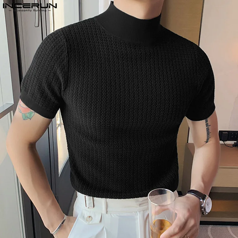 

Casual All-match Tops INCERUN Men's Solid Half High Collar Camiseta Stylish Male Knitting Pit Strip Short Sleeve T-shirts S-5XL