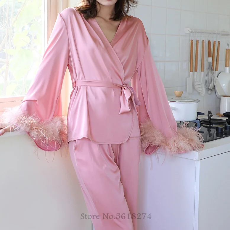 

Розовый комплект кимоно и брюки, женская модная одежда для отдыха, роскошная Пижама с перьями и расклешенными рукавами, домашняя одежда, жен...
