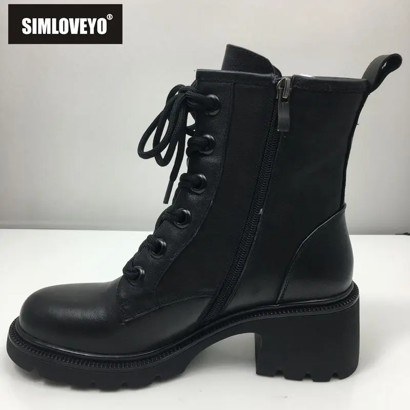 

SIMLOVEYO Russia Full Grian Leather High Quality Martin Boots Fur Warm Platform Square Heel Round Toe Zip Lace Up Anti Slip
