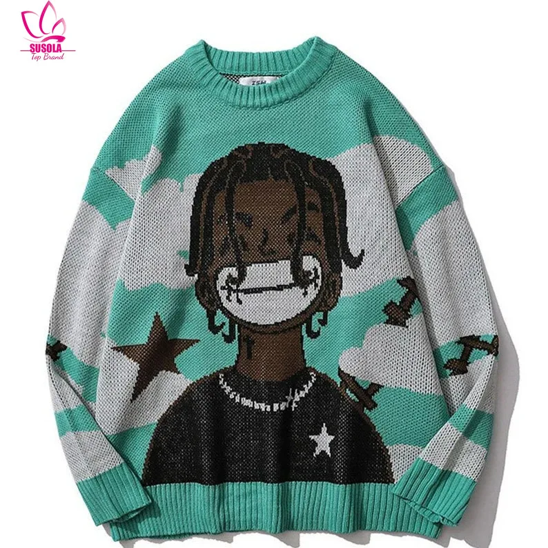 

Harajuku Vintage Cartoon Anime Knitted Sweater Men Winter Oversized Men's Rock Hip Hop Rap Pullover Women Jumper Ugly Sweater