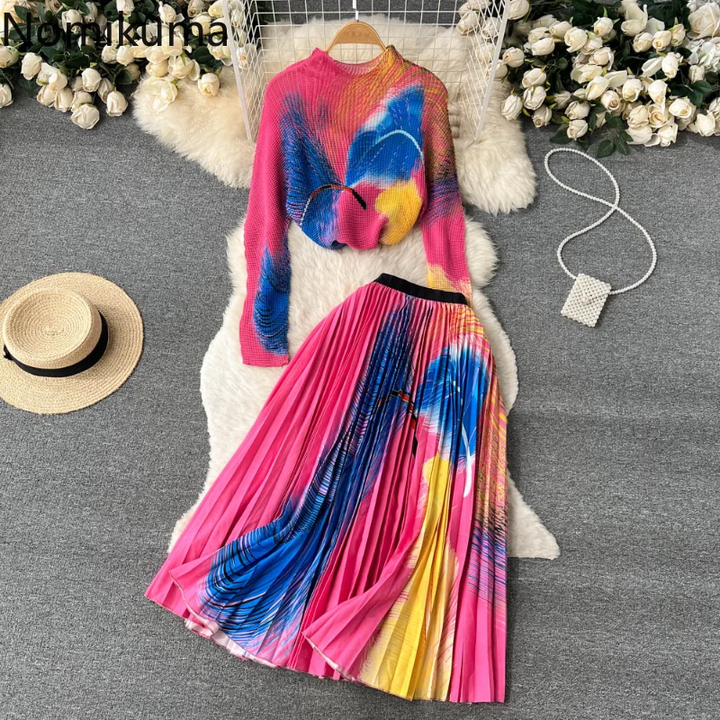 

Nomikuma Two Piece Sets Womens Outifits Gradient Print Knitted Loose Chic Skirt Sets Vintage Elegant Fashion Conjuntos De Falda