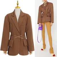 casual slim solid belt pocket blazer notched long sleeve split gathered waist coat for women autumn style 2022 new