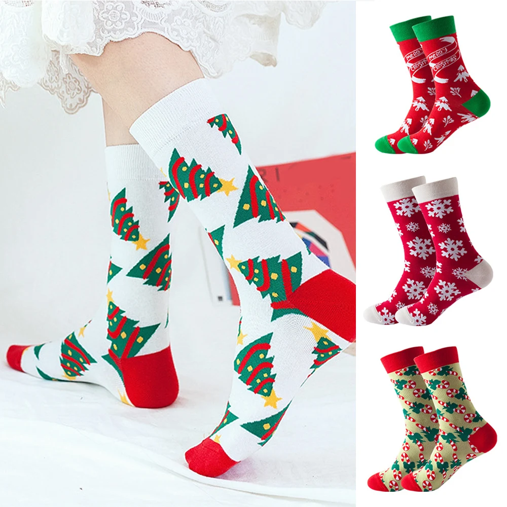 

1 пара рождественских носков носки средней длины хлопковые носки чулочно-носочные изделия Модные Повседневные Дышащие смешные носки со снежинками Милые новогодние