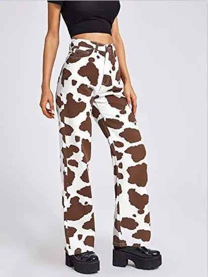 2023 New Cow Print Loose Straight Fashion High Waist Casual Pants Women's Clothing