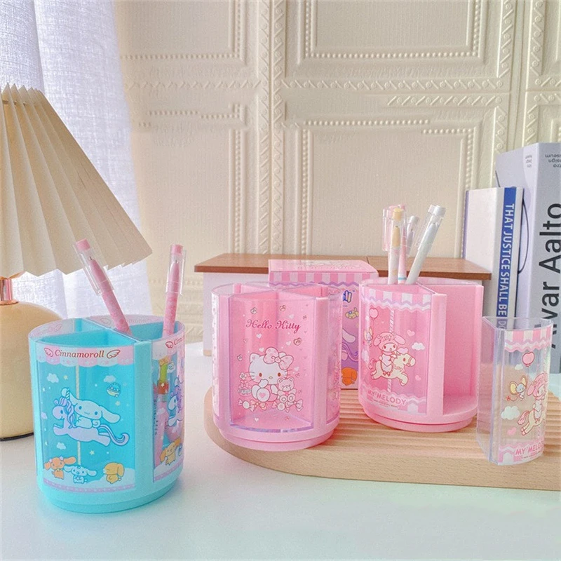 

Sanrio Kawaii Storage Bucket Cinnamoroll Cute Student Desktop Circle Storage Pen Makeup Brush Rotatable Toys for Girls Gifts