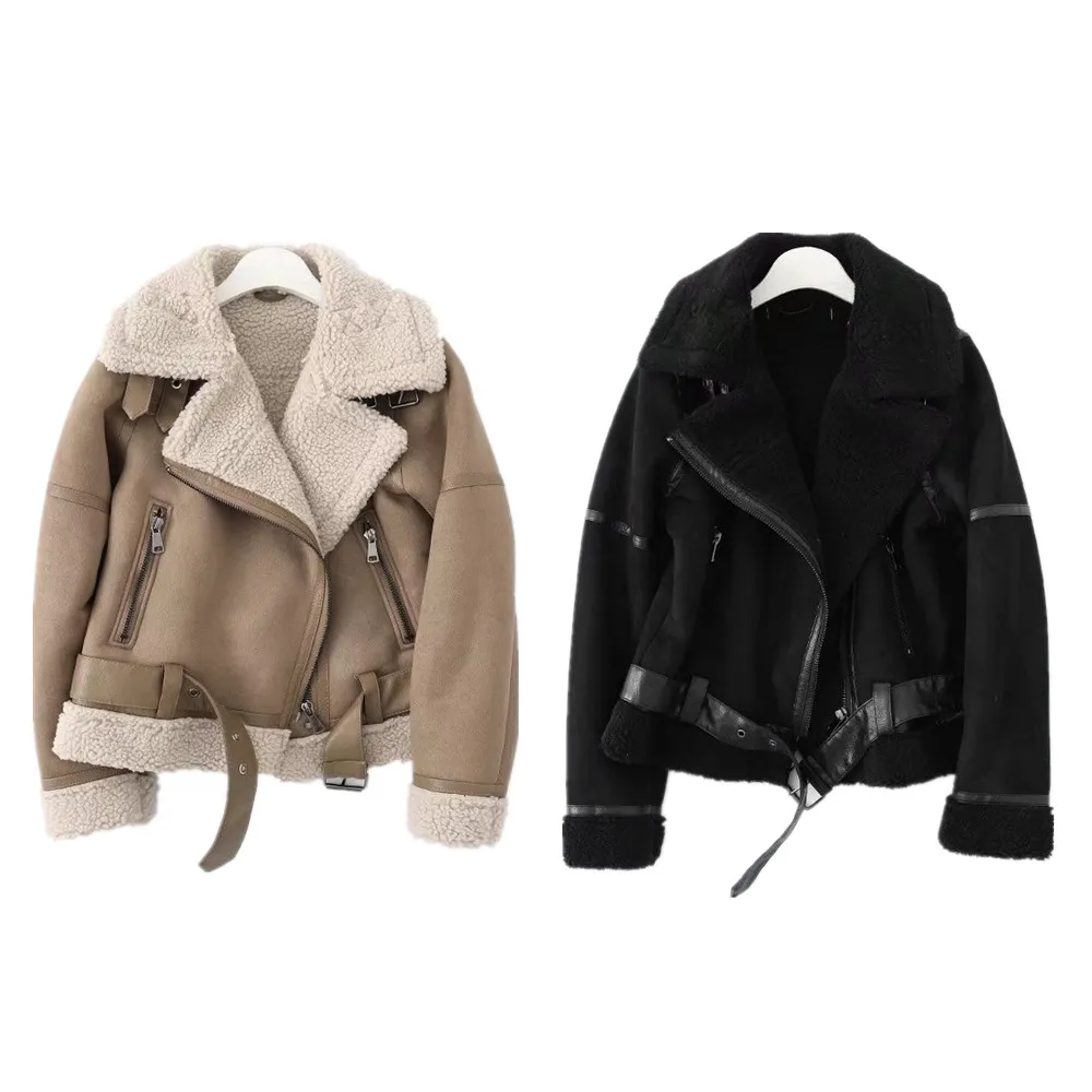 

PB&ZA winter new fashion casual solid color suede fur integrated pocket decorated motorcycle jacket jacket 6318/232