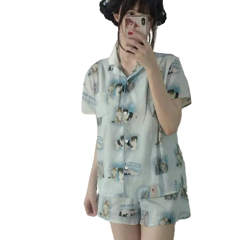 Пижамный комплект Женский Летний из 2 предметов Мягкая атласная пижама с принтом