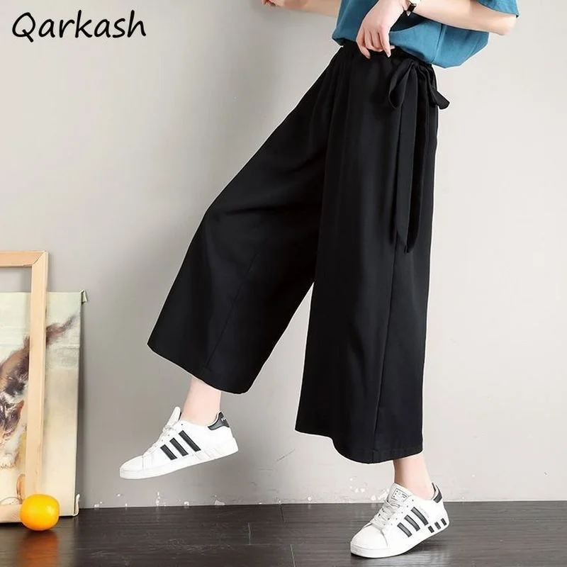 

Casual Pants Women Solid Black Ankle-length Loose Summer Leisure Female Elastic Waist Retro Ladies Wide Leg S-4XL Bandage Korean