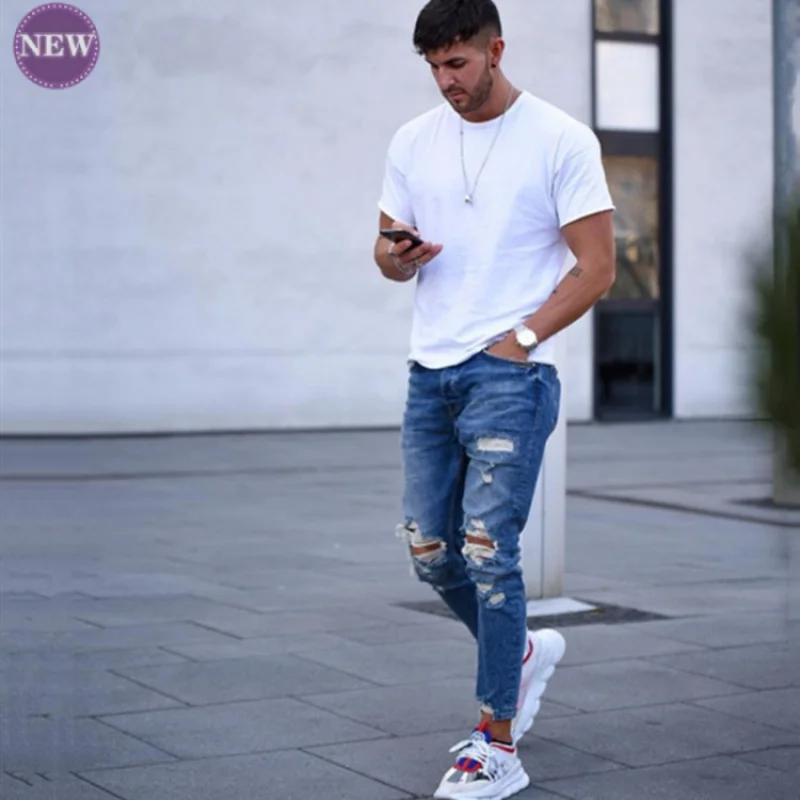 Summer New Men's Jeans Water Washed Hole Skinny Pants Pencil Pants Fashion Slim Men's Jeans