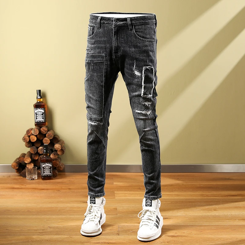 High Street Fashion Men Jeans Retro Black Gray Stretch Skinny Fit Ripped Jeans Men Pocket Designer Patched Hip Hop Pants Hombre
