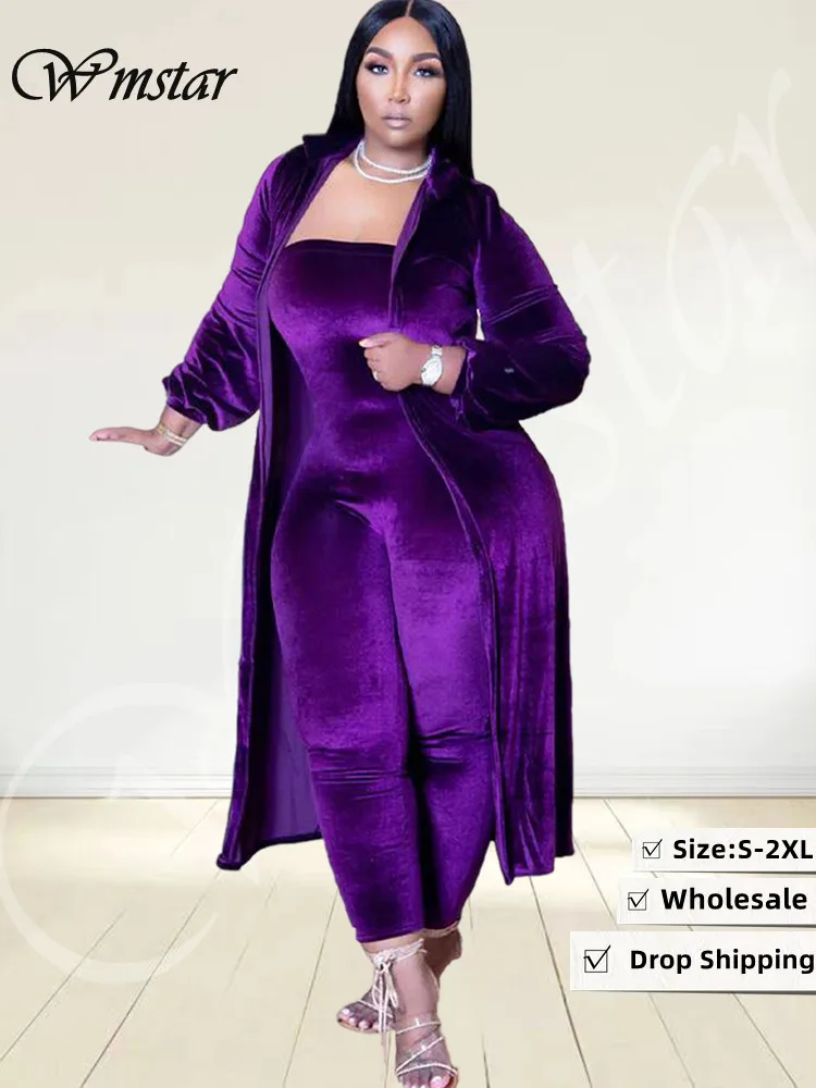 

Wmstar 2 Piece Outfits Women Winter Clothing Solid Velvet Jumpsuit Sets Cardigan Matching Suit Hot Sale Wholesale Dropshipping