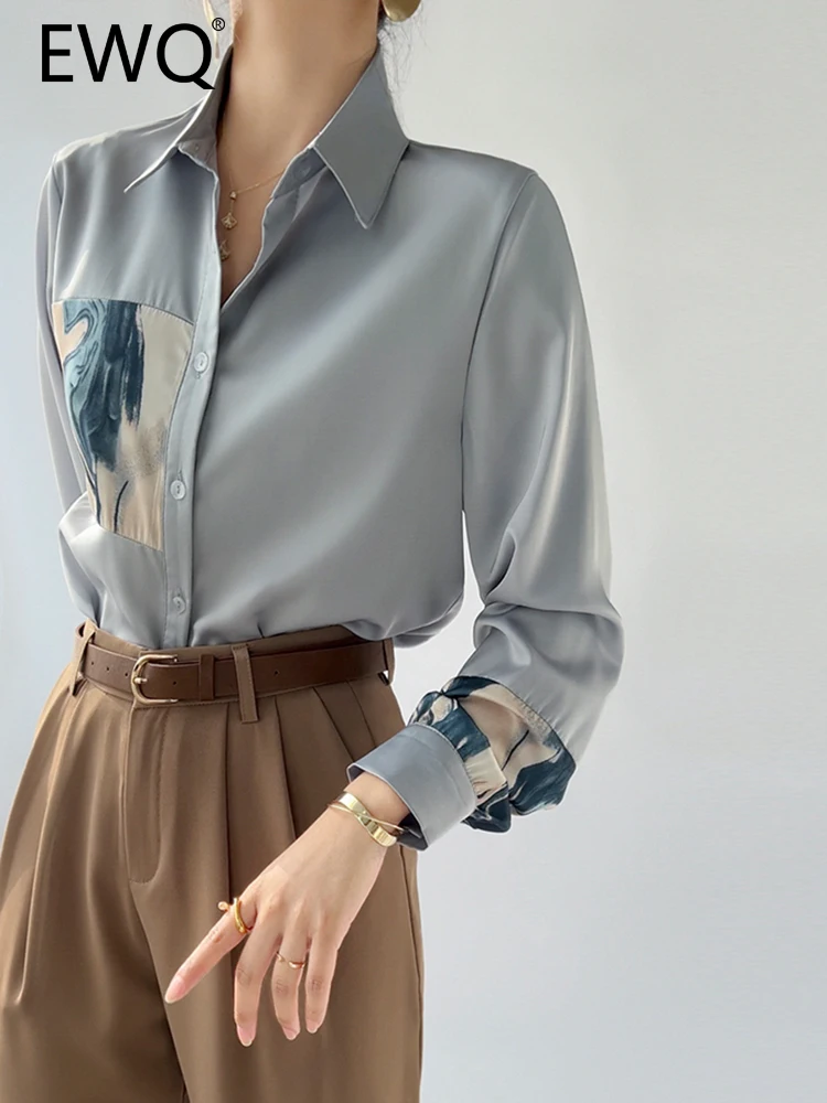 

Элегантная дизайнерская атласная рубашка EWQ с принтом для женщин, однобортные топы с отложным воротником и длинным рукавом, новинка 2023, весенняя одежда 3WQ3161