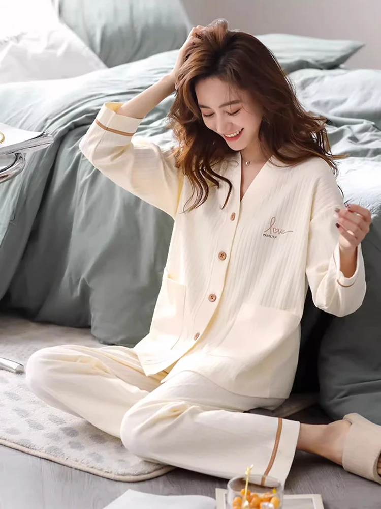 Chrisma &amp Katch Pure Cotton Pajamas Women Spring and Autumn High Sense V-neck Long sleeve Set Embroidered Home Wear