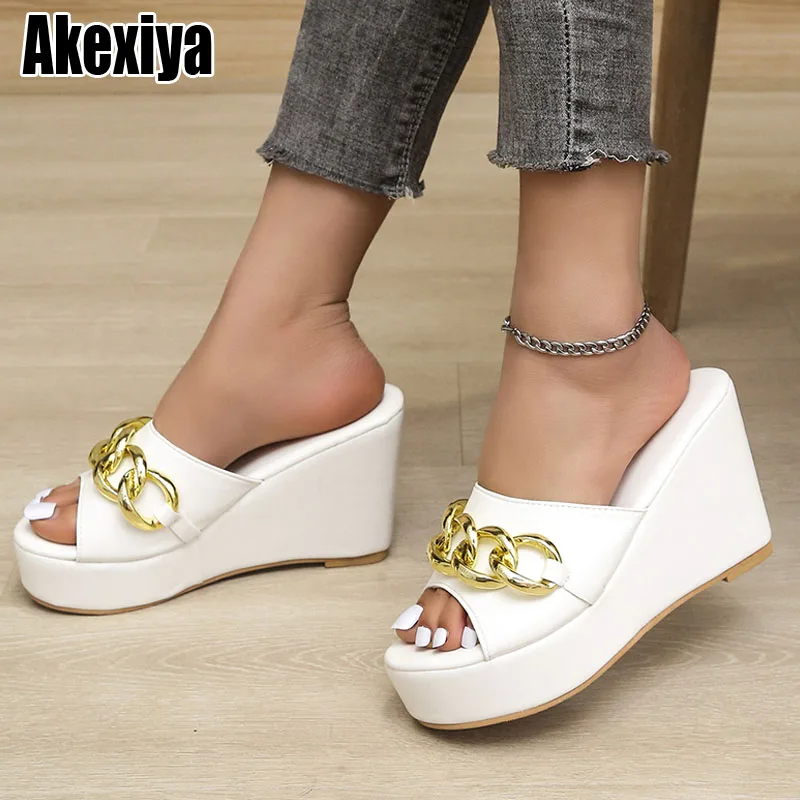 

Chain High Heels Slippers Women Wedding Shoes Summer 2022 Black Platform Wedges Slides Ladies Beach Slippers BC3898