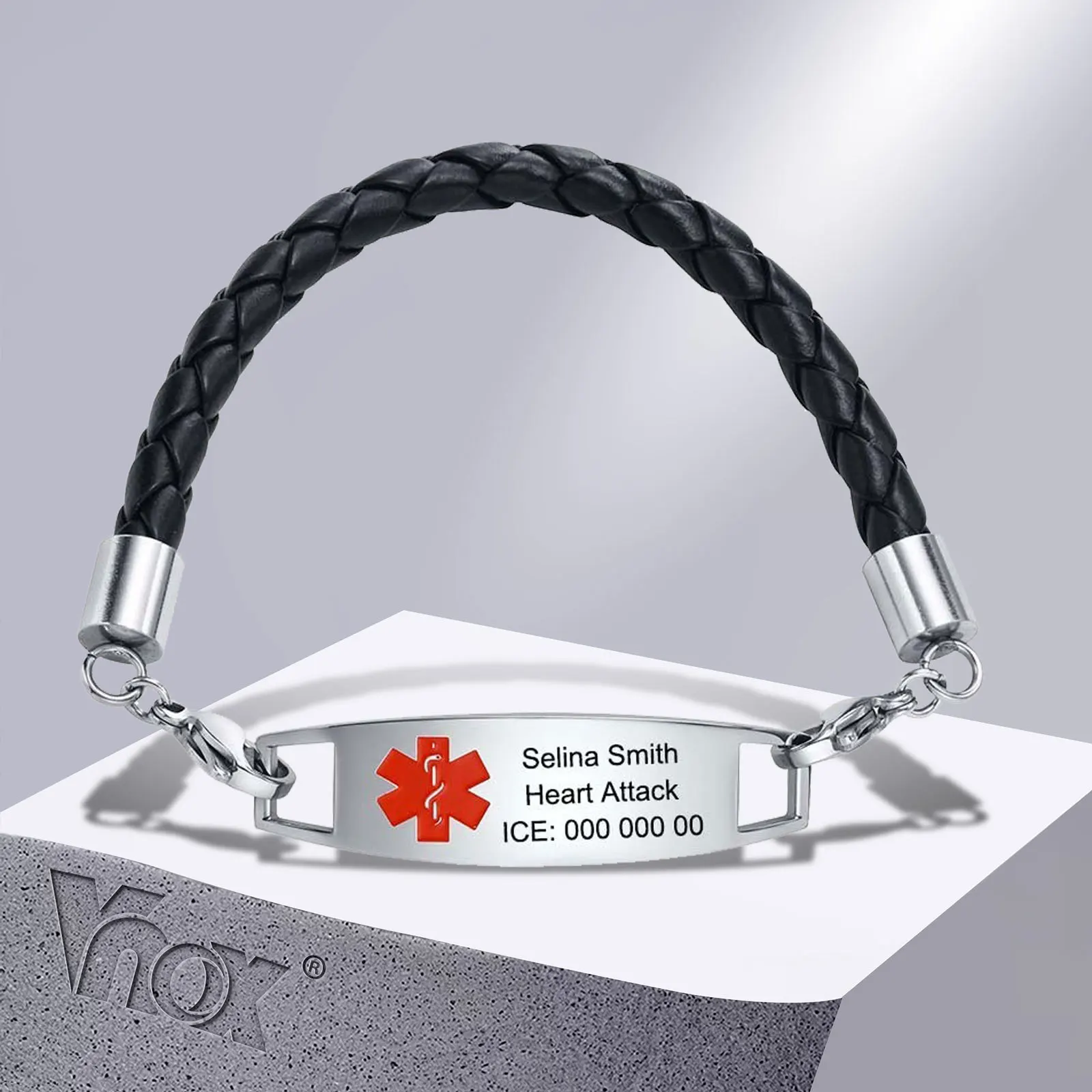 

Vnox Medical Bracelets for Men, Stainless Steel ID Bangle with Leather Cord Chain, Free Engraving Disease Allergy Contact