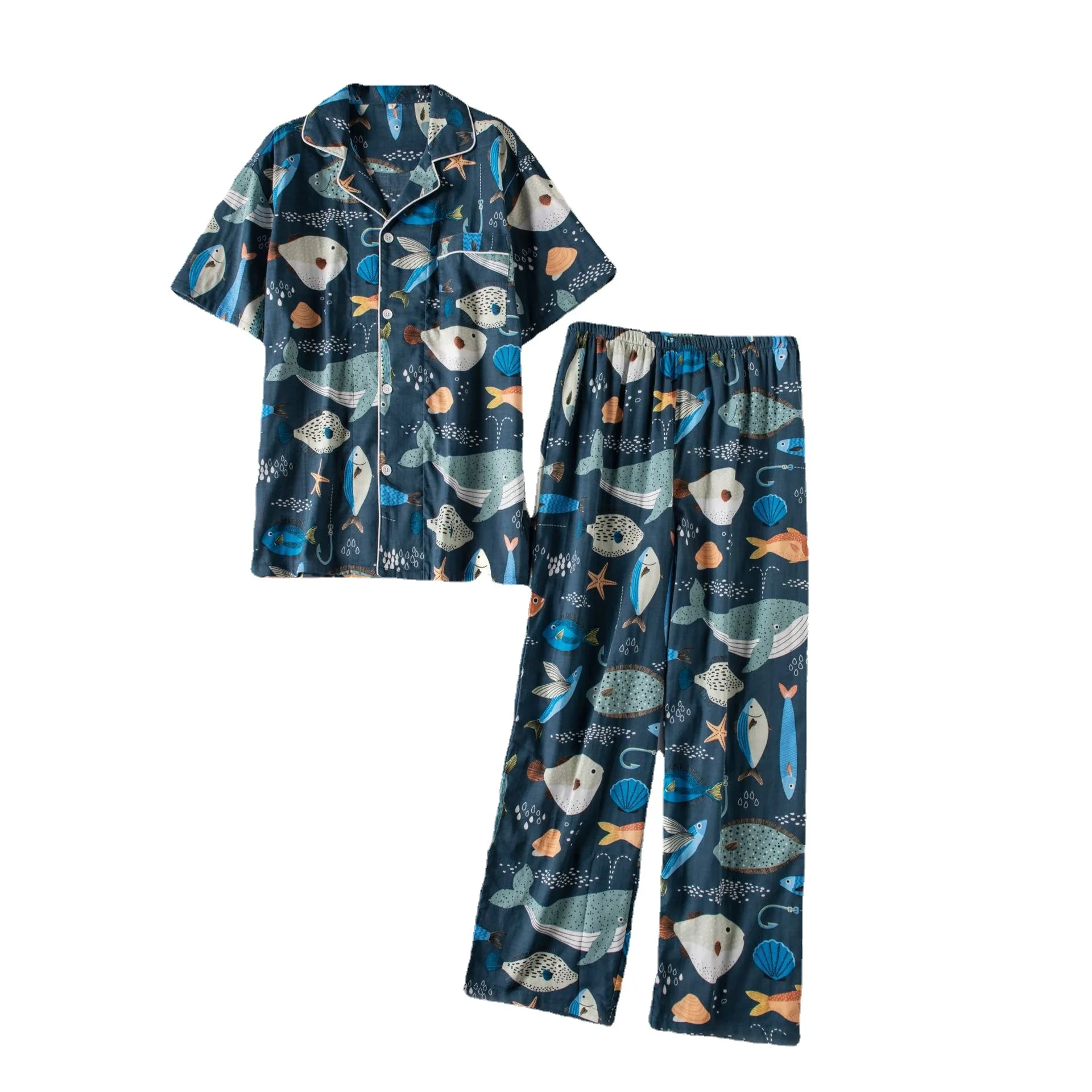 

Men's Summer Woven Cotton Short-sleeved Thin Two-piece Set Men's Loose Homewear Clothes Men Pajamas Sets Sleep Wear Men