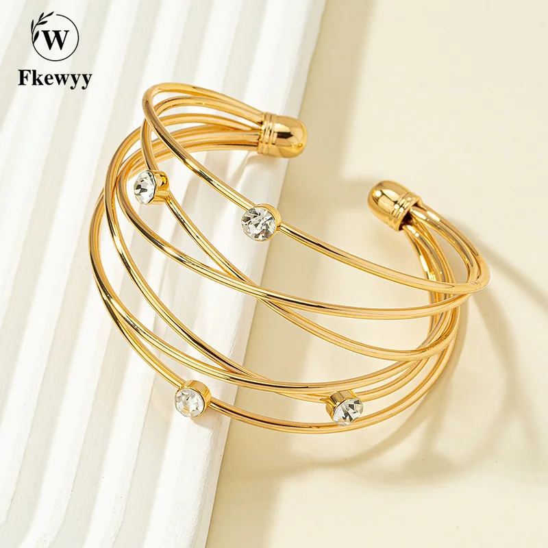 

Fkewyy Multi-Layer Luxury Cuff Bracetels Woman Punk Rhinestones Gold Laminated Jewelry Gothic Festival Gift Girl Accessories