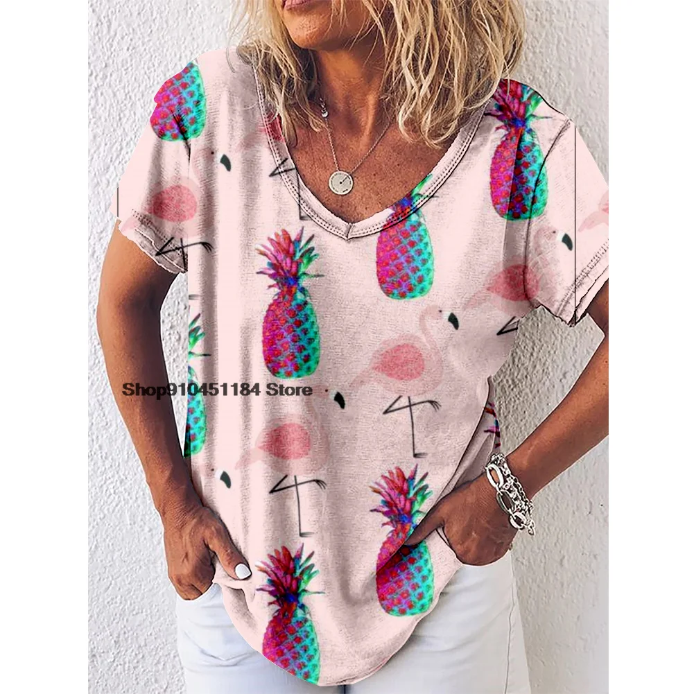

Flamingo Pattern Printing Women Clothing Ladies Casual Short Sleeved Top V-neck Fashion T-shirt Summer Simple Style Tee