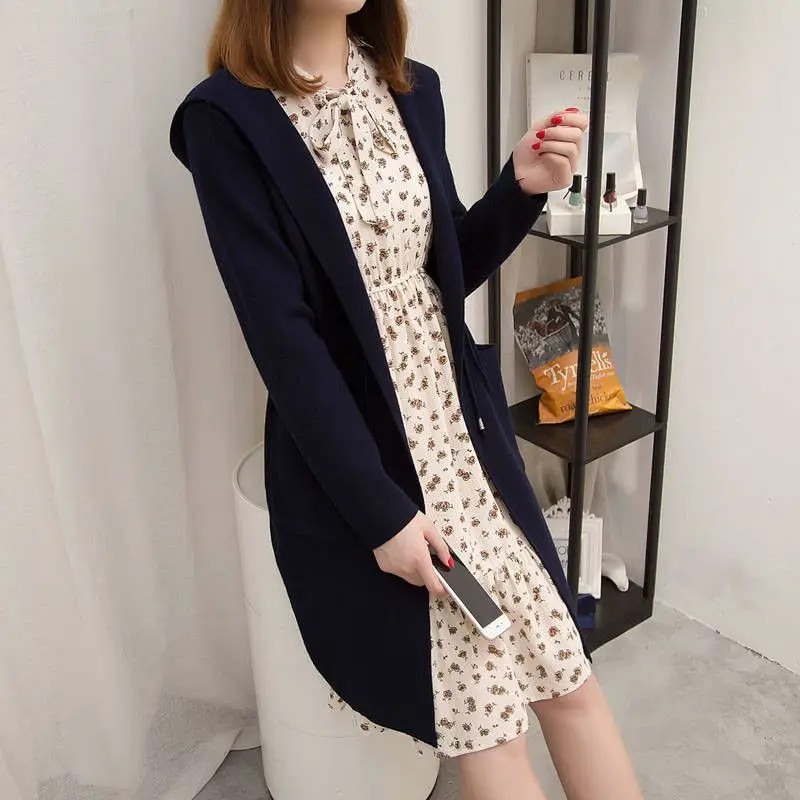 2022 Spring Autumn Women Belt Loose Hooded Knitted Long Cardigan Sweater Jacket Female Casual Warm Tricot Coat Casaco Mujer K109 |