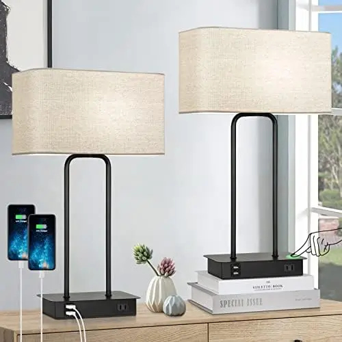 

3-Way Dimmable Touch Control Table Lamps Set of 2 Bedside Nightstand Lamps with 2 USB Ports & AC Outlet Modern Reading Desk