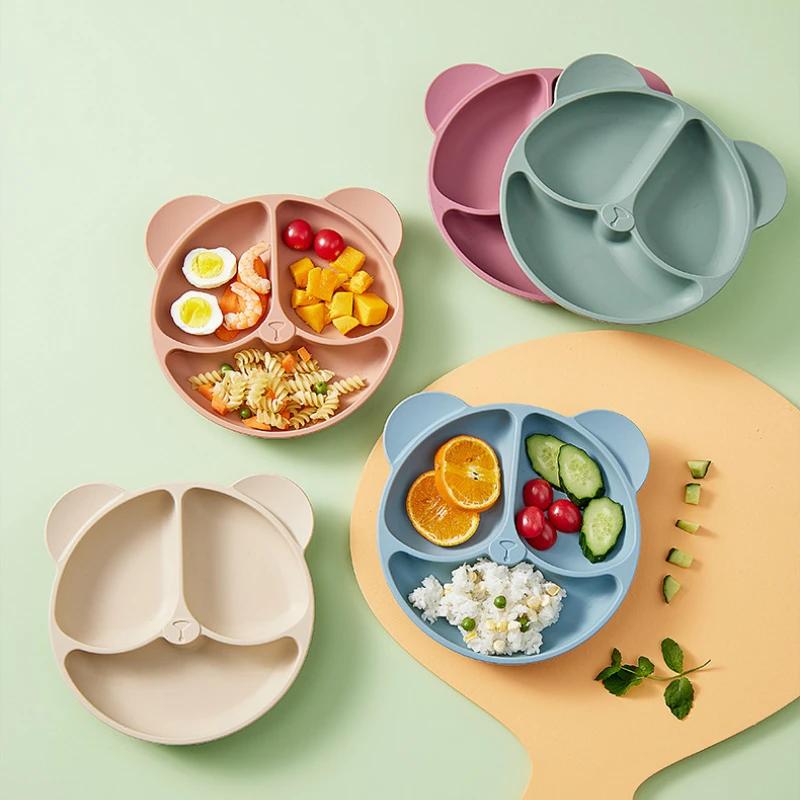 

Children's Dishes Kids Feeding Sucker Bowls Baby Safe Silicone Dining Plate Suction Cute Cartoon Bear Face Plate Tableware Set