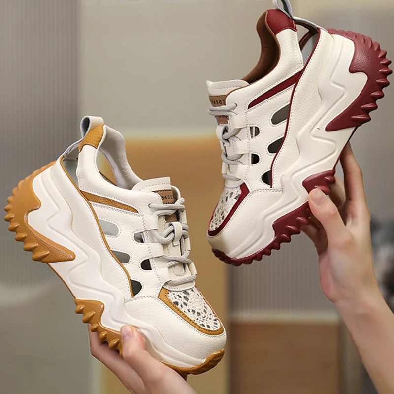 7.5CM Genuine Leather Air Mesh Comfy High Brand Hollow Strap Design Breathable Chunky Sneaker Spring Summer Platform Wedge Shoes