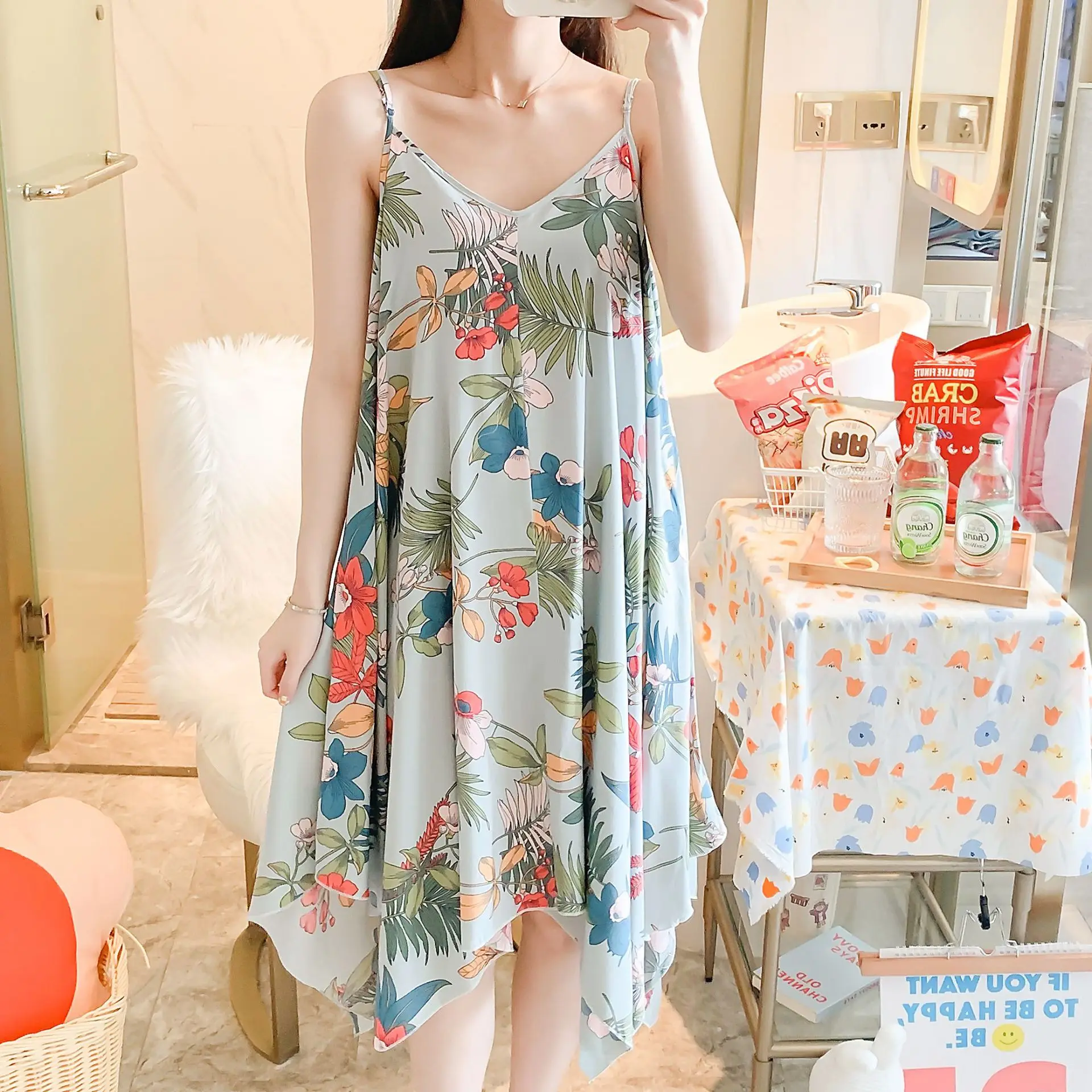 Summer New Women's Nightdress Suspenders Thin Loose Large Size Home Service Sexy Nightwear Sleep Tops Sleepwear Women