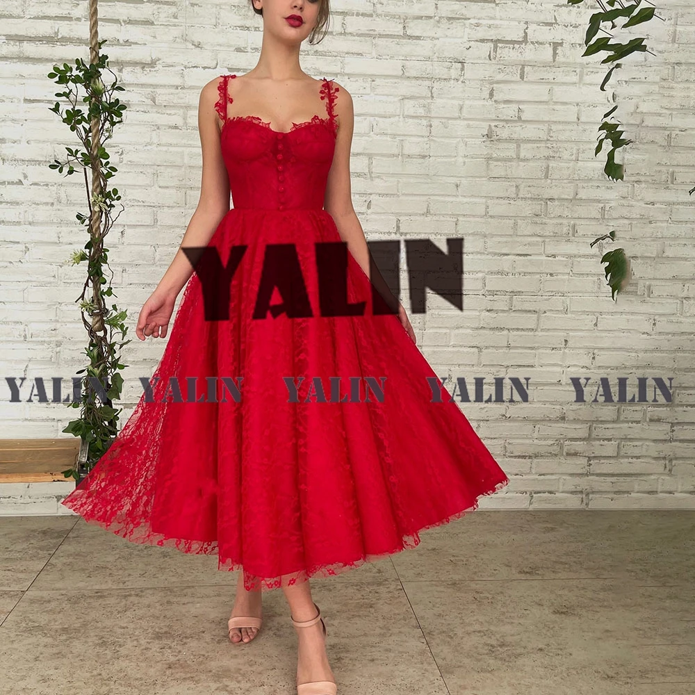 

YALIN Spaghetti Straps Sweetheart Prom Dresses Tea-Length Buttoned Lace Party Gowns Midi A-Line Homecoming Dress Custom