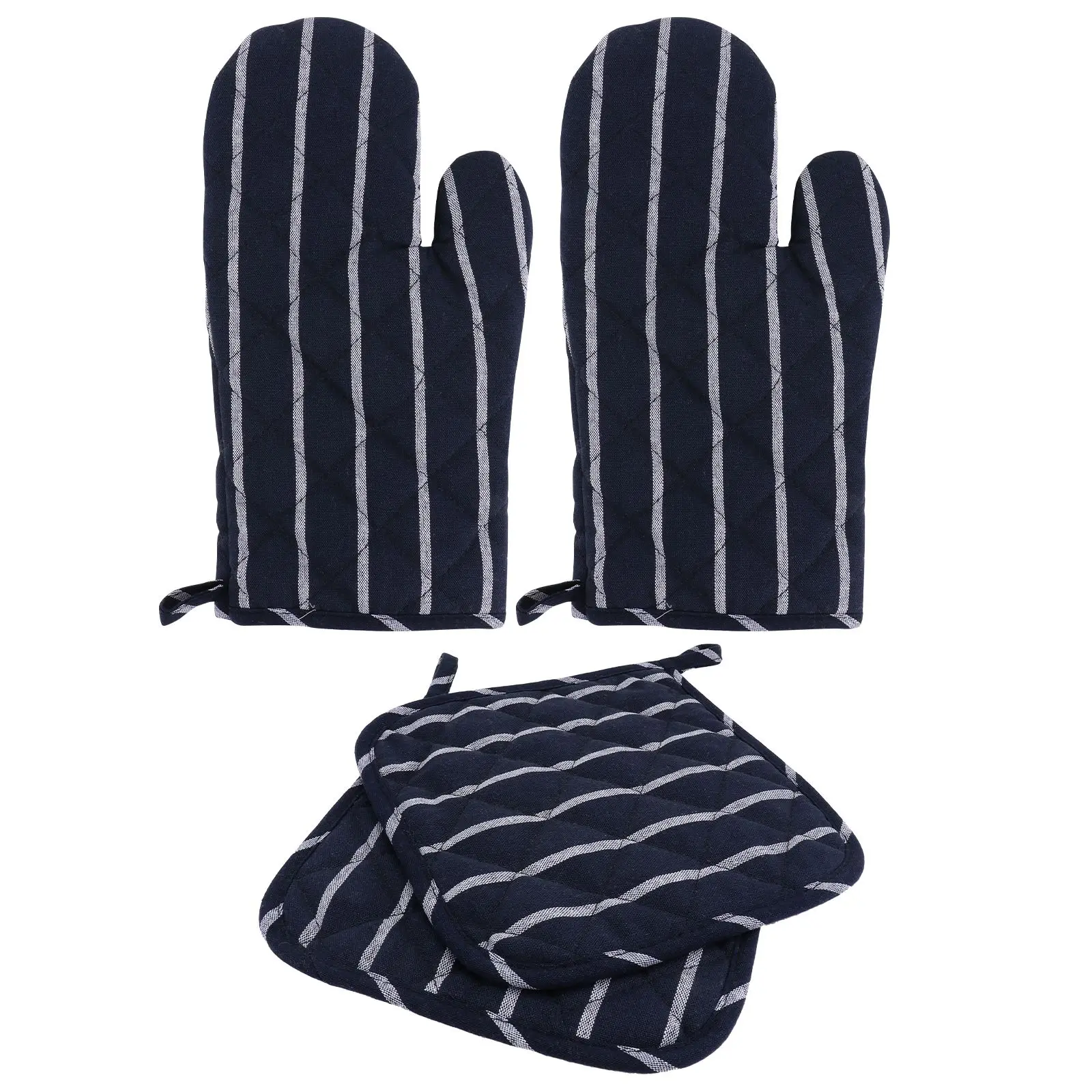 

2 Set of Dark Blue Stripes Oven Mitt and Pot Holder