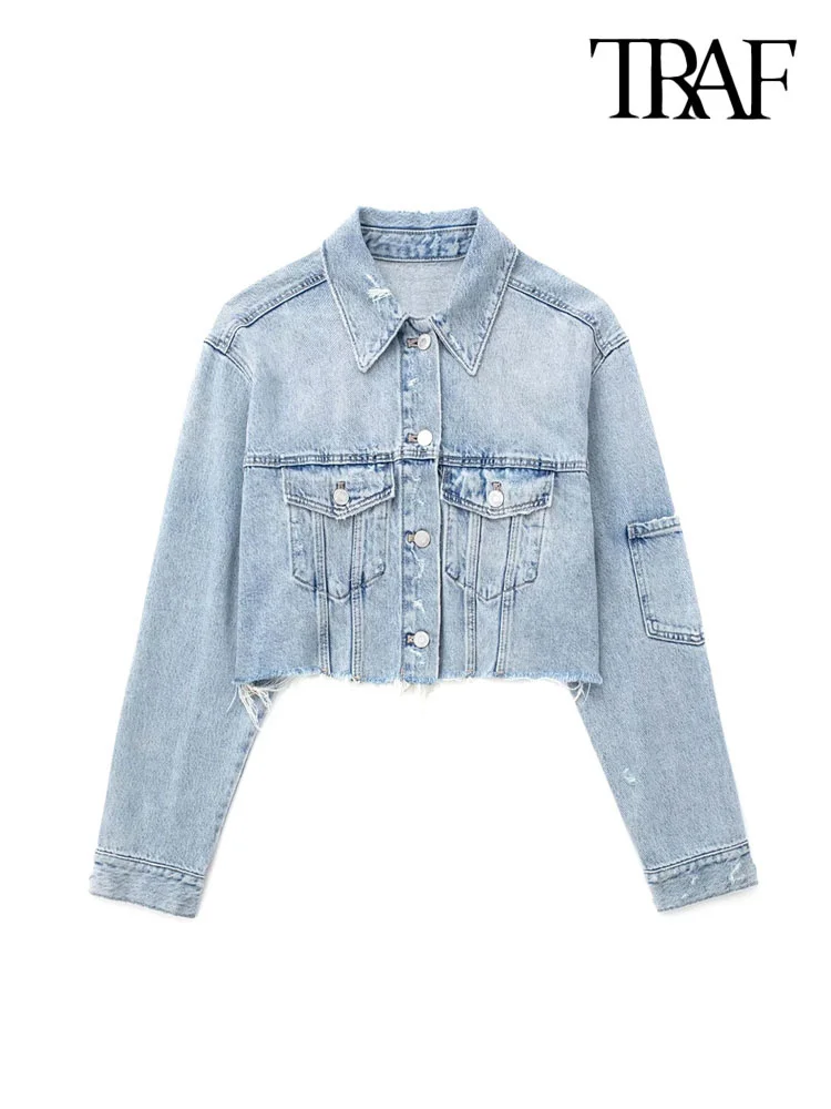

Women Fashion Patch Pockets Ripped Denim Cropped Jacket Coat Vintage Long Sleeve Frayed Hems Female Outerwear Chic Tops