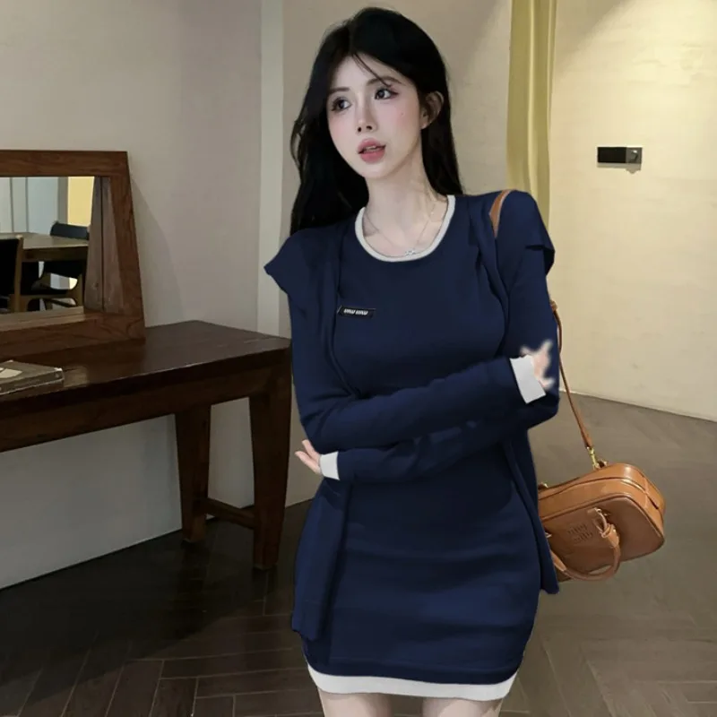 @ Real Shot Price New ~ Korean Series Sweet All-Match Color Matching Waist Hugging Long sleeve Knitted Hip Skirt Women w...