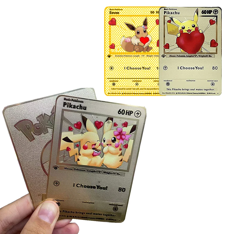 

Pokemon Game Gold Card Cartoon Anime Pikachu Eevee Golden Metal Card 60Hp I Choose You Game Battle Collection Toy Children Gifts