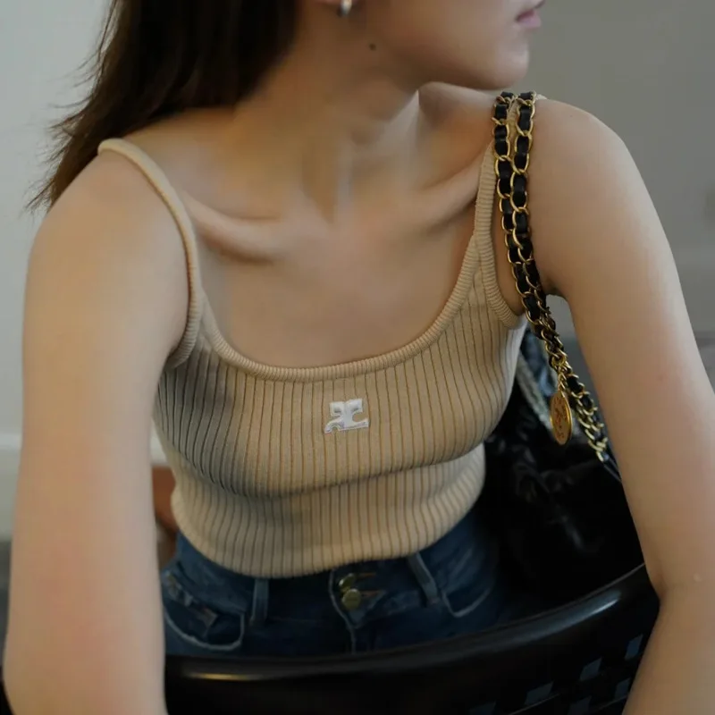 

132164 Fashion Classic Trendy Luxury Designer Cloth Women Summer Bottomed Shirt Basics Coureg Embroidery Logo Knit Tank Vest Top