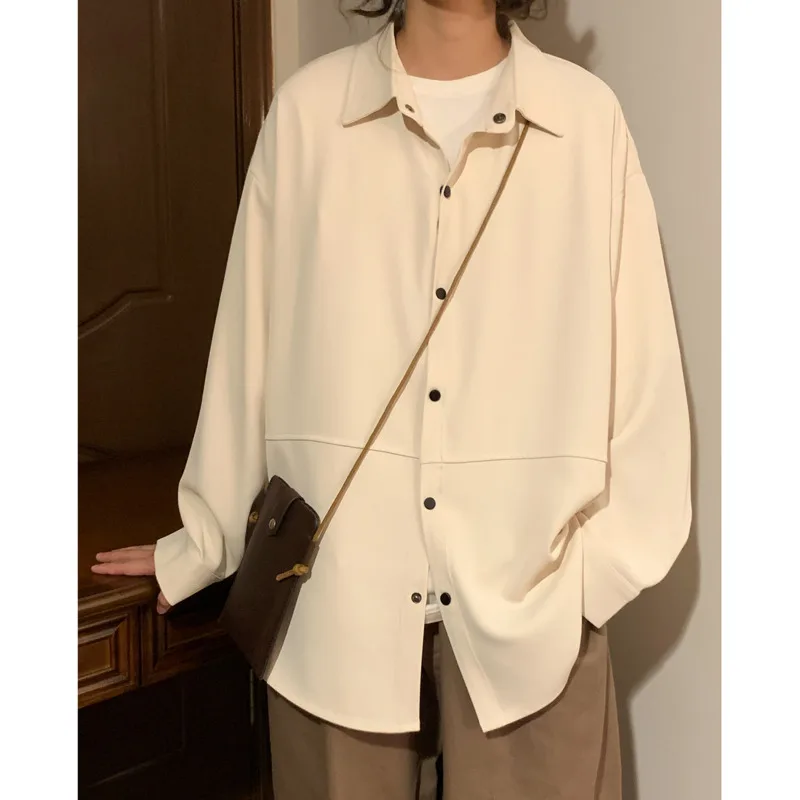 Autumn Apricot/Black Long Sleeve Shirts Men Fashion Society Mens Dress Shirts Korean Loose Oversized Casual Shirts Men M-2XL